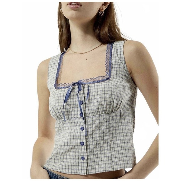 PacSun Tops - Pacsun Women's Top Medium Your Favorite Plaid Button Up Lace Trim Top Babydoll